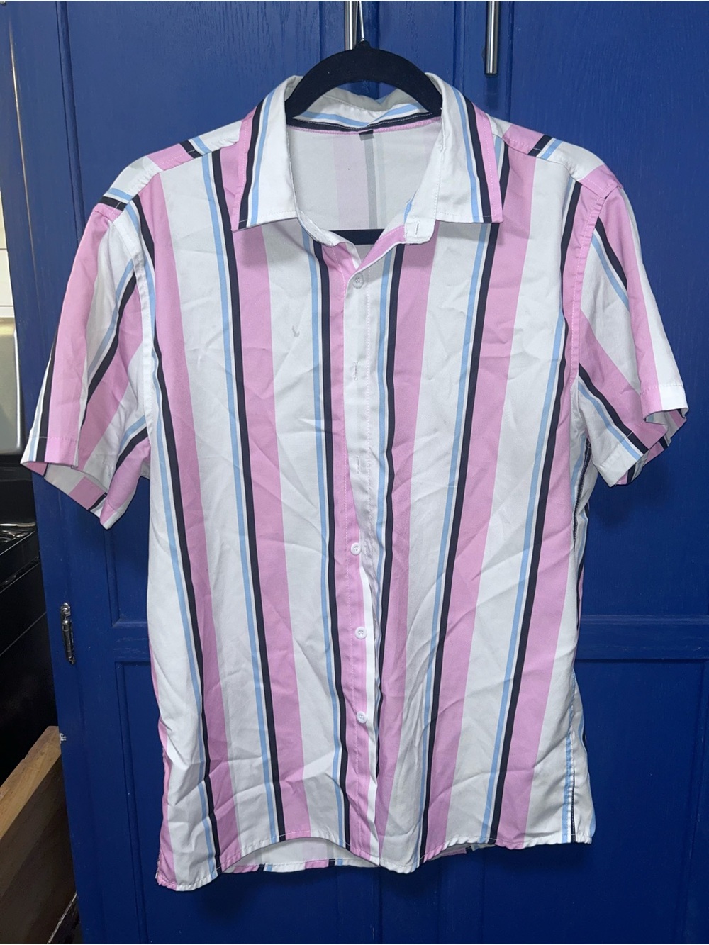 SHEIN Pink, White & Blue Vertical Stripe Short-Sleeve Button Shirt